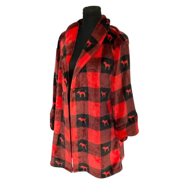 Victoria Secret Pink Red Buffalo Plaid Fuzzy Mid-Length Robe Size XS - Picture 2 of 7